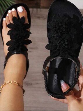 Women's Black Floral Embellished Sandals